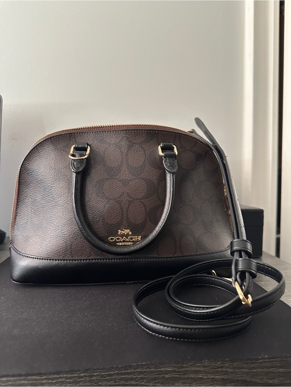 Coach Sierra Brown Signature Dome Satchel with Black Trim and Gold Hardware